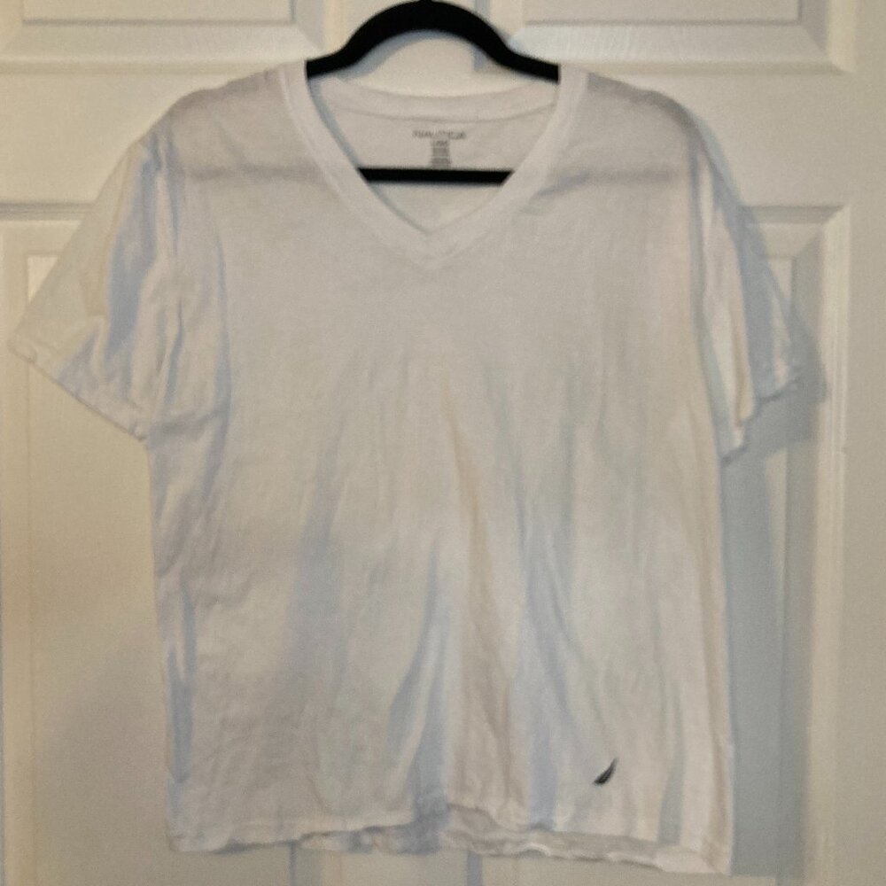 Nutica Women's White V-Neck Short Sleeve T-Shirt - Small Logo - Size L